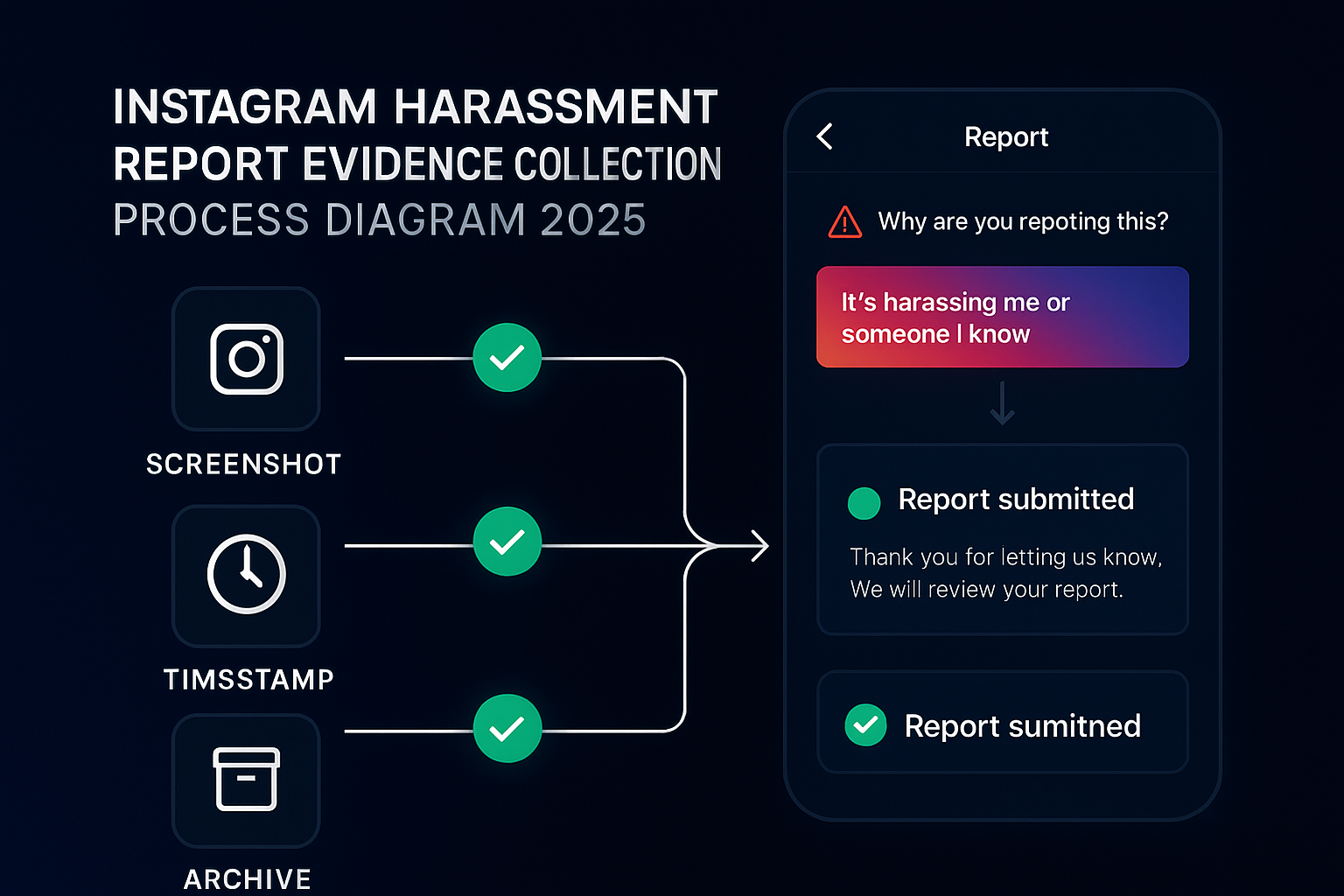 Reporting on Instagram: picking the violation reason and saving a screenshot, timestamp and archive as evidence